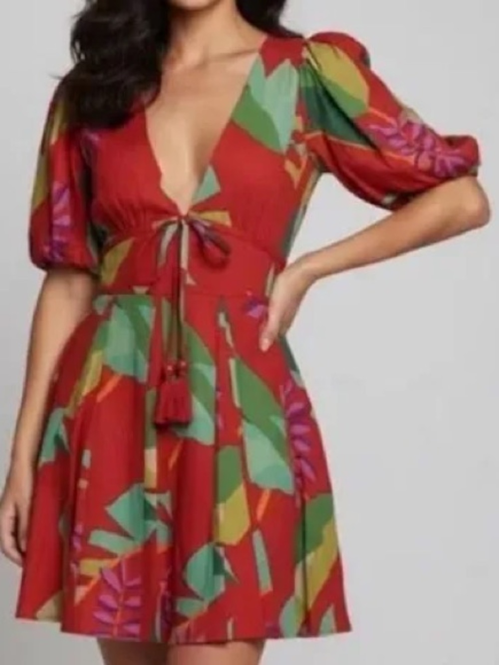 House of Harlow 1960 Red Tropical Tie-Front Puff Sleeve Mini Dress - Picture 2 of 4
